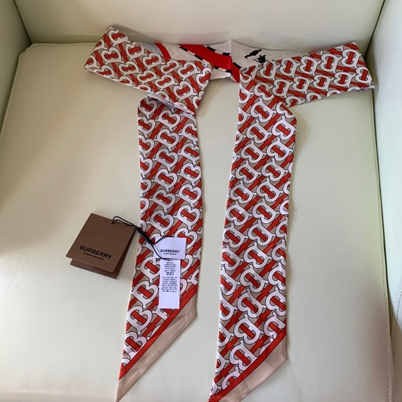 New Burberry Double-Sided Monogram Archive Silk Scarf Twilly 3"x71" - Picture 3 of 7